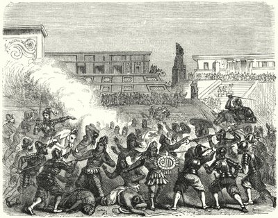 Massacre de guerreiros astecas e nobres em Cholula pelos conquistadores espanhóis de Hernan Cortes de German School