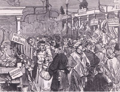 Mercado de carne em Paris, Cassells History of the War between France and Germany publicado por Cassell and Company Limited, c.1890 (litho) de German School