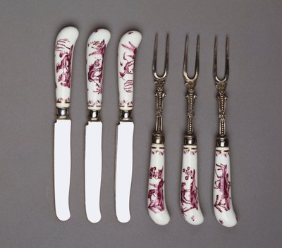 Faca Meissen e cabos de garfo, c.1735 (porcelana) de German School