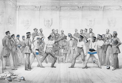 Mensuren ou membros estudantes da Sociedade de Duelos em Dresden em seu uniforme azul, branco e preto de German School