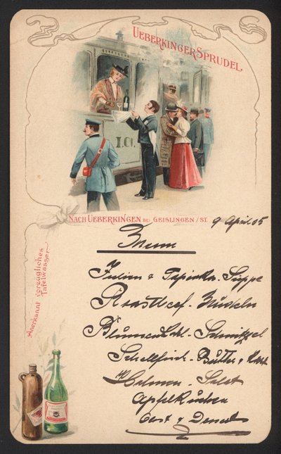 Cartão de publicidade do menu Ueberkinger água mineral gaseificada (cor litho) de German School