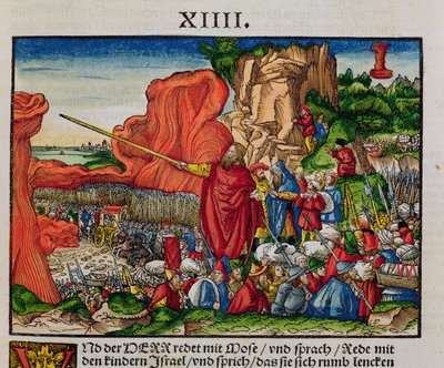 Moisés cruzando o Mar Vermelho, da Bíblia de Lutero, c.1530 (xilogravura colorida) de German School