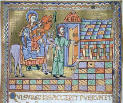 Ms. Czart. 1207 IV, fol.6r A fuga para o Egito, do Evangeliarium da Catedral de Plock, c.1075 de German School