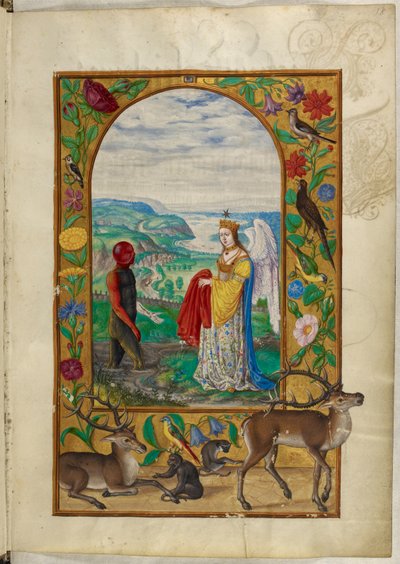 A Sra. Harley 3469, f.18 A Rainha oferece um manto ao homem na piscina, a Quarta Parábola, de 