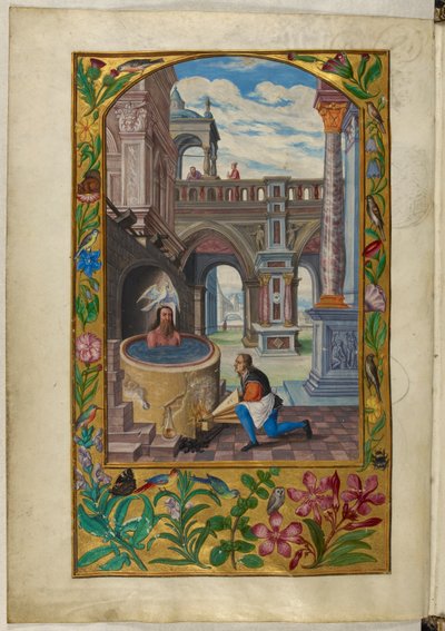 Sra. Harley 3469, f.21v Homem a tomar banho num pátio, a Sétima Parábola, de 