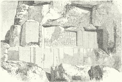 Inscrições em rocha multilingues no Monte Behistun (gravura) de German School