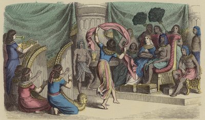 Músicos e dançarinos que actuam perante o Faraó no Antigo Egipto (gravura a cores) de German School