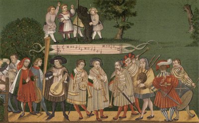 Músicos de Augsburg, Alemanha, tocando para dançarinos do Geschlechtertanz, 1520 de German School