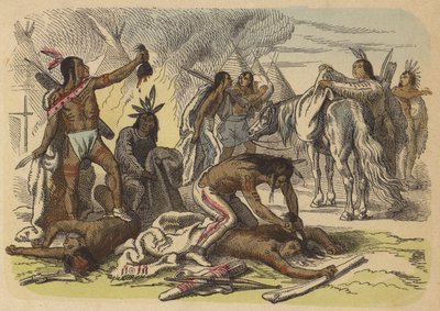 Corajosos nativos americanos que tiram o escalpe dos seus inimigos (gravura colorida) de German School