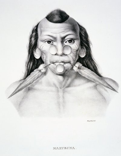 Homem nativo da tribo Maxuruna, com decoração facial, da Atlas of a Journey in Brazil de Dr von Spix e Dr von Martius de German School