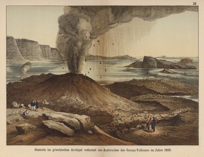 Nea Kameni, ilha vulcânica na caldeira da ilha grega de Santorini após a eupção de 1866 (cor litho) de German School