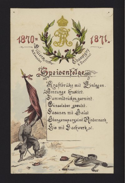 Banquetes de Ano Novo realizados pelos alemães ocupantes em Villiers e Champigny, Paris, 30 de Dezembro de 1870 e 2 de Janeiro de 1871 (cor litho) de German School