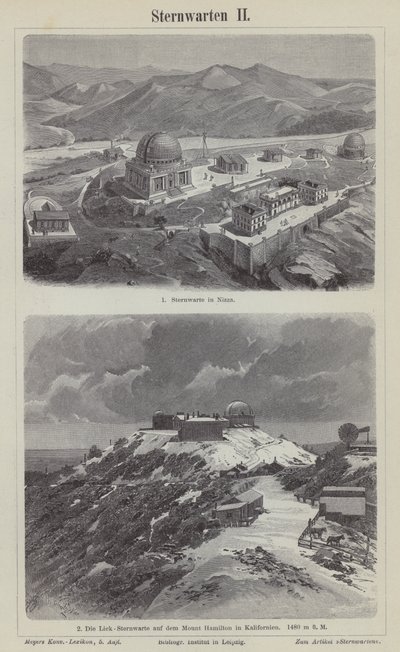 Nice Obervatory, França, e o Observatório Lick, Mount Hamilton, Califórnia, EUA (gravura) de German School