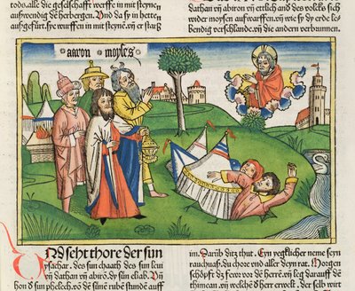 Números 16 32 A Terra engole os rebeldes Dathan e Abiram, da Bíblia de Nuremberg (Biblia Sacra Germanaica) (xilogravura colorida) de German School