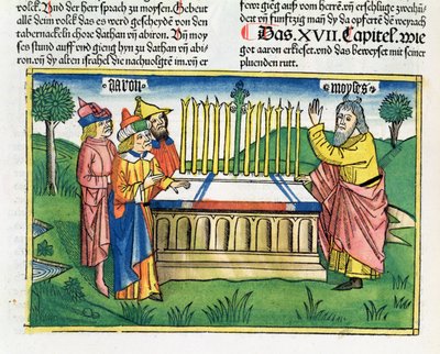 Números 17 1-11 A equipe de Aarão floresce no altar, da Bíblia de Nuremberg (Biblia Sacra Germanaica) (xilogravura colorida) de German School