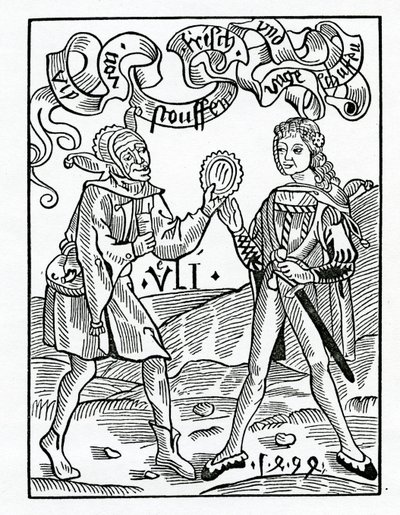 De novas fassões e garments disgised, ilustração da tradução inglesa de Alexander Barclay de &39;The Ship of Fools&39;, de uma edição publicada em 1874 de German School