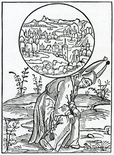 Do curyosyte dos homens grande e exigível, ilustração da tradução inglesa de Alexander Barclay de &39;The Ship of Fools&39;, de uma edição publicada em 1874 de German School