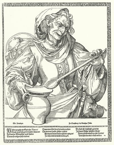 Mulher velha com um jarro e uma colher (gravura) de German School