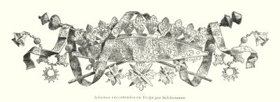 Ornamento encontrado pelo arqueólogo alemão Heinrich Schliemann durante suas escavações do local da antiga Tróia (litho) de German School