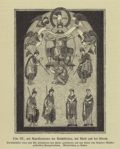 Otão III, Santo Imperador Romano, com representantes dos príncipes, da nobreza e do clero (gravura) de German School