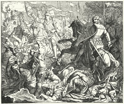 Otto I da Alemanha derrotando os Magiares na Batalha de Lechfeld, 955 (gravura) de German School