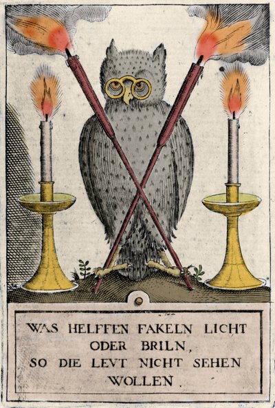 Coruja com óculos, símbolo de sabedoria. Gravura do "Amphitheatrum sapientiae aeternae". (Anfiteatro da sabedoria eterna) (Hamburgo: n.n. de German School