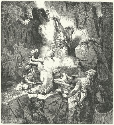 Pagãos lituanos fazendo oferendas em um bosque sagrado (gravura) de German School