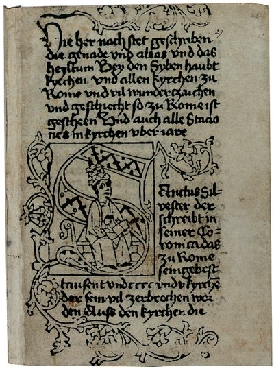 De uma cópia alemã de &39;A Roma maravilhosa, história e descrição de Roma&39; Pseudo-Giles Roman, possivelmente publicado por Ulrich Han, Roma, c.1475 (xilogravura e caneta e tinta sobre pergaminho) de German School