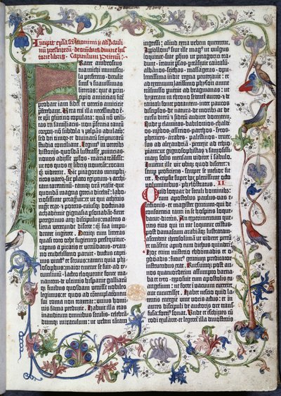 Página da Bíblia de Gutenberg, com a iluminação de Erfurt de German School