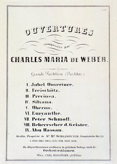Página com apresentação de aberturas de várias óperas de Carl Maria von Weber (litho) de German School