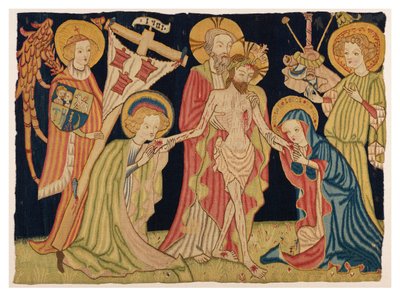 Parte da tapeçaria do frontal do altar representando a Santíssima Trindade, a Virgem, São João e dois anjos, de Nuremberga, c.1420 (lã e linho) de German School