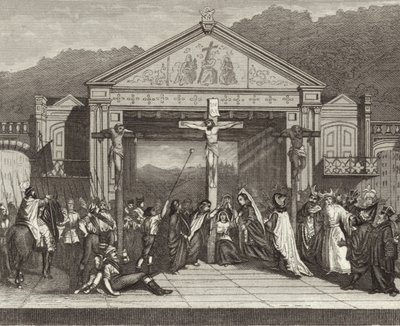 Jogo de paixão em Oberammergau, Baviera, Alemanha. Ilustração para Bilder-Atlas (gravura) de German School