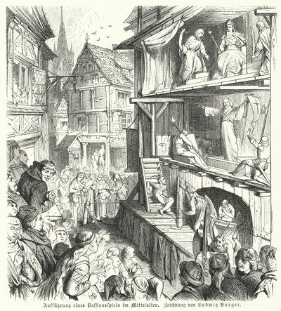 Performance de um Jogo de Paixão na Idade Média (gravura) de German School