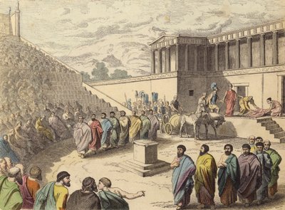 Interpretação da peça Agamémnon num teatro na Grécia Antiga (gravura a cores) de German School