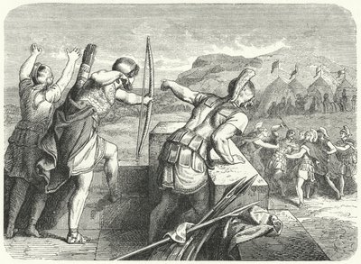 Filipe II da Macedónia ferido no olho no Cerco de Metona, 355 a.C. (gravura) de German School