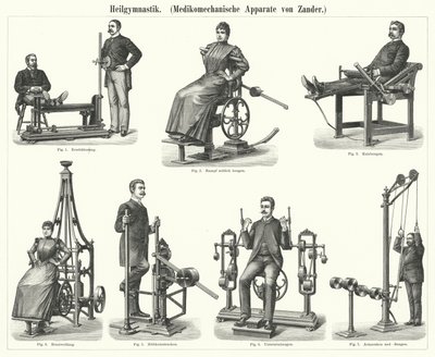 Fisioterapia: aparelho de mecanoterapia inventado pelo médico e ortopedista sueco Gustav Zander (gravura) de German School
