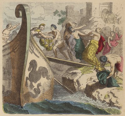 Piratas na Grécia Antiga (gravura a cores) de German School