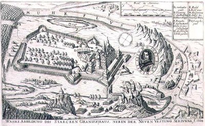 Plano da fortaleza de granito perto de Nova Serinwar em 1664, ilustração de um livro sobre as campanhas otomanas na Europa, gravado por Paul Furst (c.1605-66) (gravura) de German School