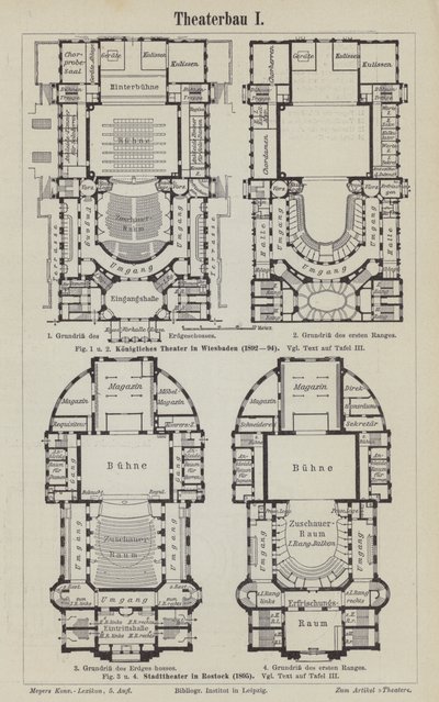 Plantas do Teatro Real, Wiesbaden e do Teatro Municipal, Rostock, Alemanha (gravura) de German School
