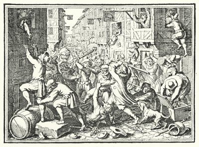 Pilhagem do Judengasse, o gueto judeu de Frankfurt, no Levante de Fettmilch, 1614 de German School