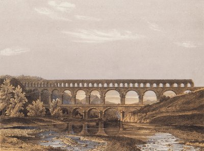 Pont du Gard, aqueduto romano, Nimes, França (litografia a cores) de German School
