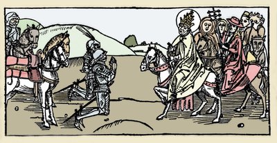 O Papa Leão I encontra Átila e o Arrete - Invasões Bárbaras - Gravura de "Leben der Heiligen - sommerteil" (O Livro do Santo) de Jacobus (Tiago) de Voragine (1228-1298). Lubeck 1488. de German School