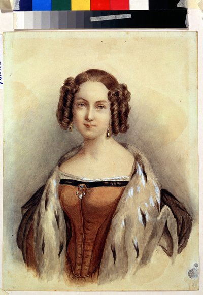 Retrato da Princesa Marie de Hesse e do Reno (1824-1880), futura Imperatriz da Rússia. Pintura anónima. Aguarela sobre papel, 39,3 x 23 cm, final de 1830. de German School
