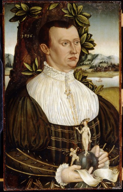 Retrato de um Homem (Retrato de um Homem). Vestido com um traje elegante, ele segura nas mãos uma fita branca e um globo no qual um anjo atira uma flecha em direção a uma mulher nua, adornada com um colar e um chapéu desenhado. Pintura de um mestre alemão  de German School
