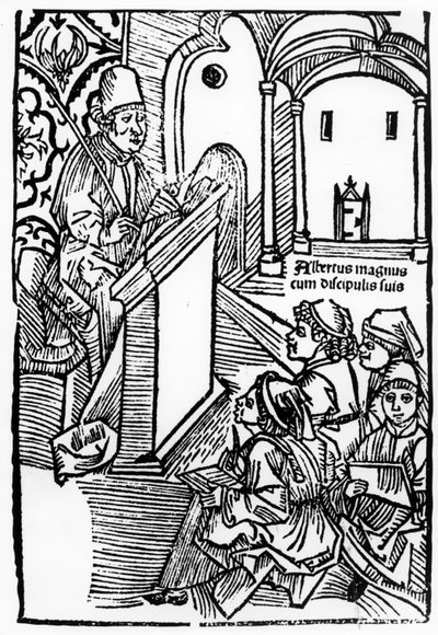 Retrato de Albertus Magnus com alguns de seus alunos, ilustração para a página de rosto de Epitomata, reparações ou toda a filosofia natural de Aristóteles. de Gerardus de Harderwyck, publicado em 14 de German School