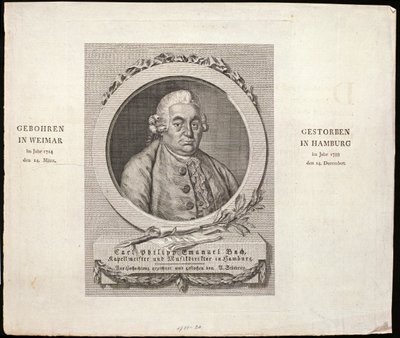 Retrato de Carl Philipp Emanuel Bach (1714-88) gravado por CD Krohn, 1788 de German School