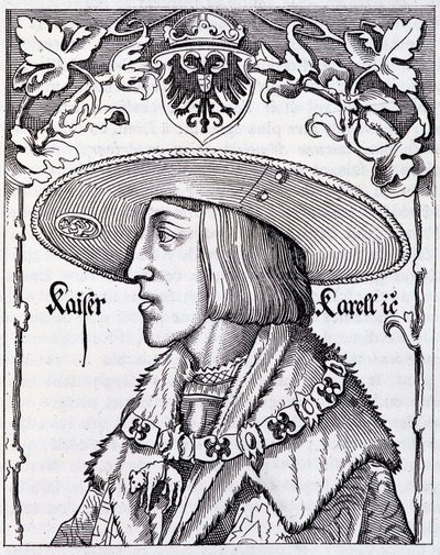Retrato de Carlos V jovem - gravura de uma estampa alemã do século XVI de German School