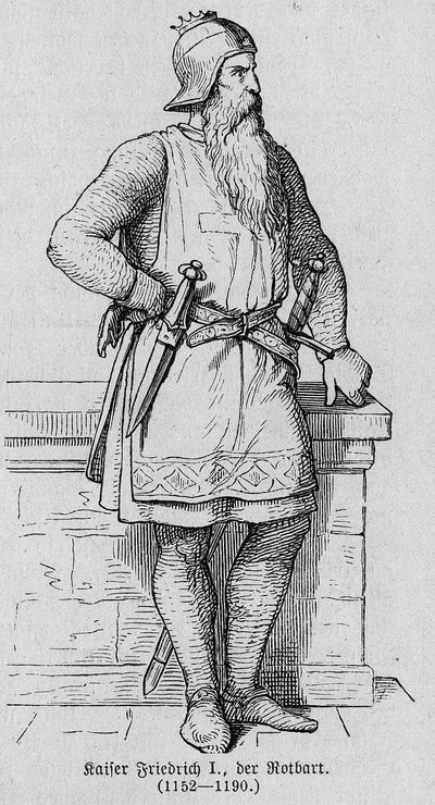 Retrato de Frederic I de Hauhenstaufen conhecido como Frederic Barberousse (1122-1190), Imperador Romano Alemão. Gravura em "Kaiser, Konig und Papft", de Richard Roth de German School