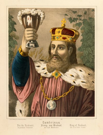 Retrato de Gambrinus, lendário rei da Flandres, panfleto pictórico publicado pelo FC Wentzel, Weissenburg, 1870 de German School