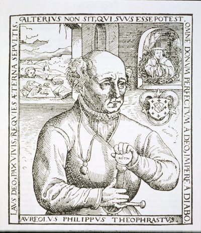 Retrato de Theothrastus Paracelsus (1493-1541), cópia de uma ilustração de seu livro Astronomica et Astrologica de Pouscula, Cologne 1567, usado em uma História da Magia, publicado no final do século XIX (woodc de German School